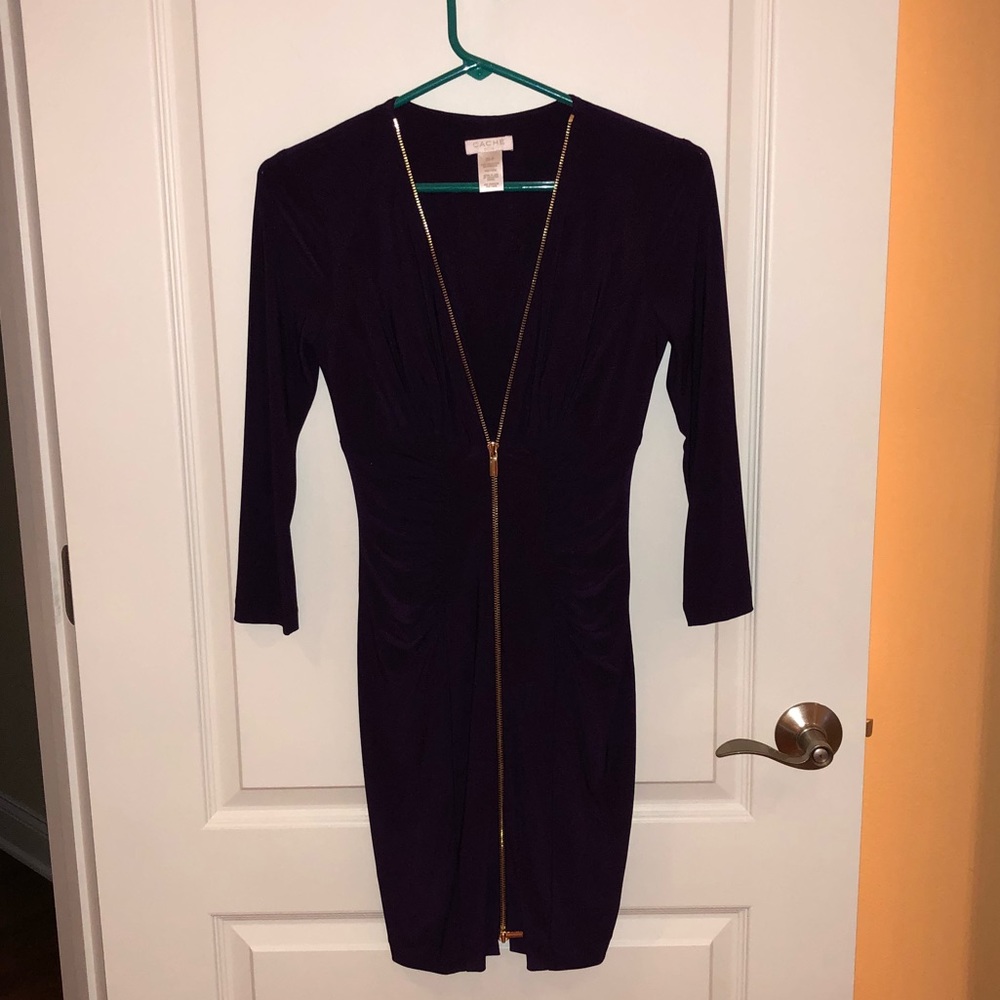 Cache purple 3/4 sleeve front zip mini dress (xs)